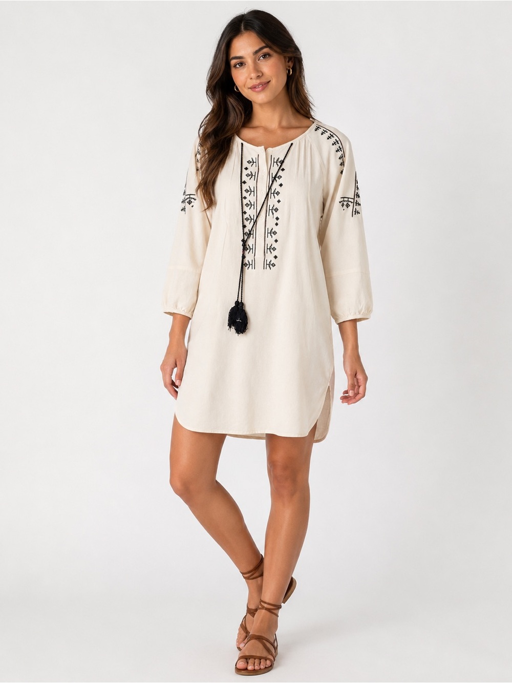 Bobeau Collection Small Cream Embroidered Boho Tunic Dress Tassel Tie 3/4 Sleeve